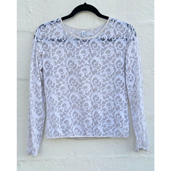 Vintage 90s Y2K Womens Lace Mesh Top Medium White Long Sleeve Stretch Sheer - Picture 1 of 9